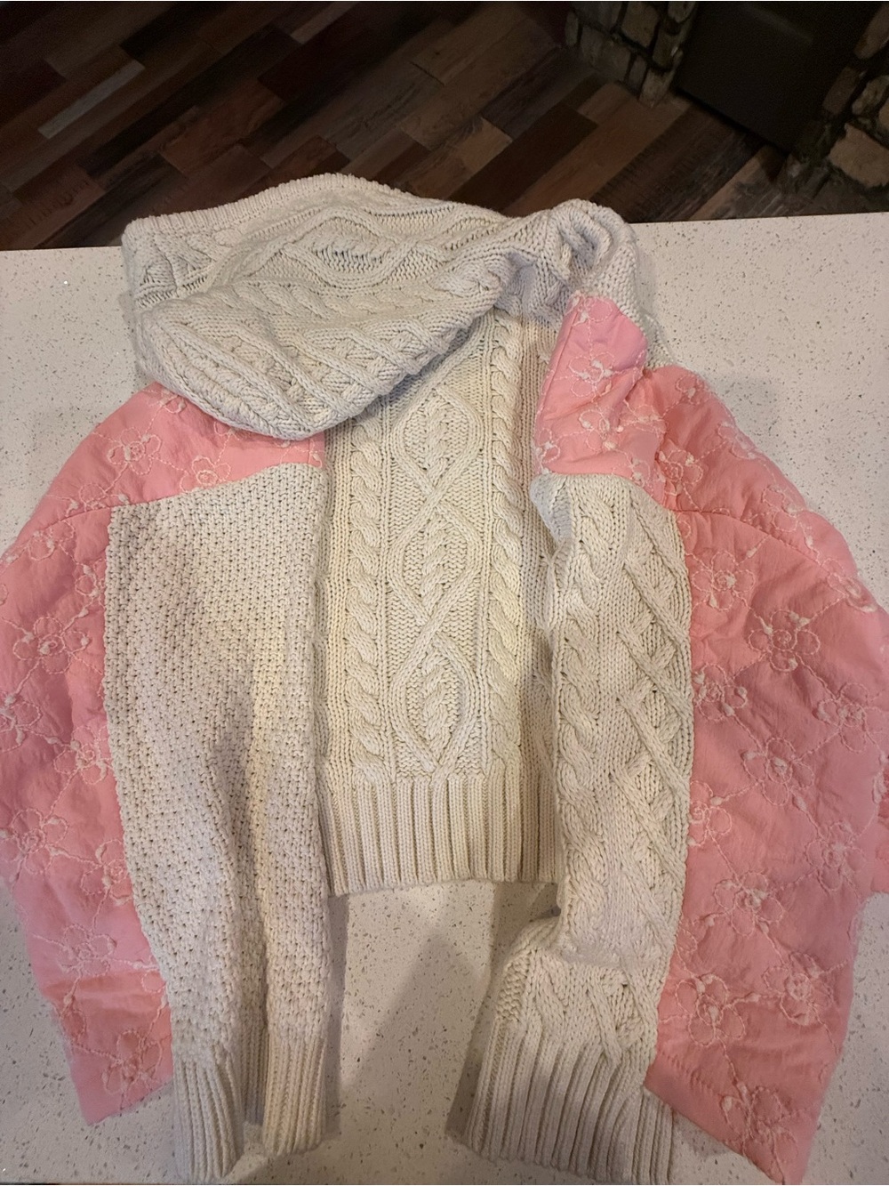 NWT POL Cream Cable Knit Hoodie with Pink Lace Paneled Sleeves